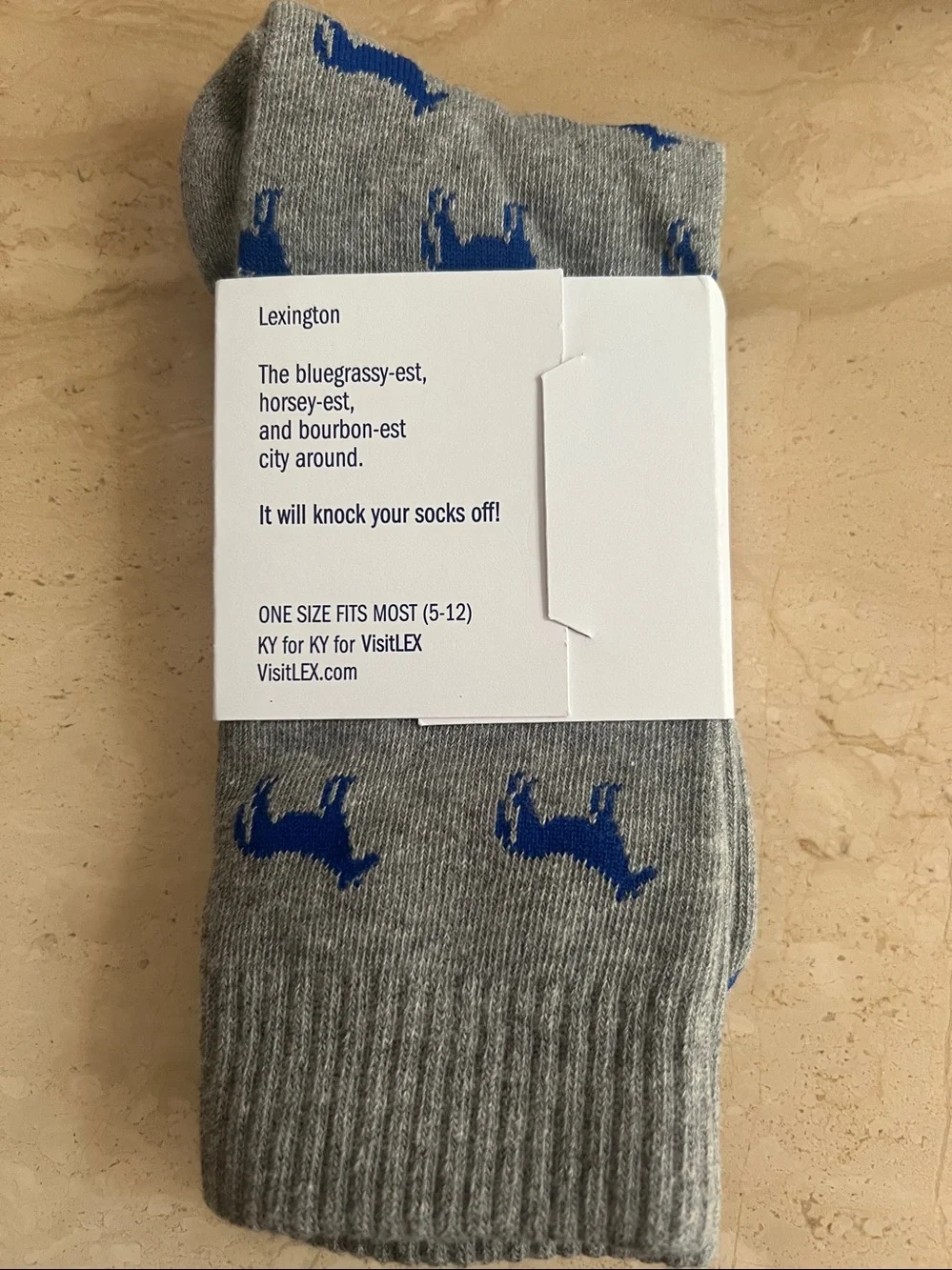 Men's Grey Crew Socks with Blue Horse Motif - Lexington, Kentucky